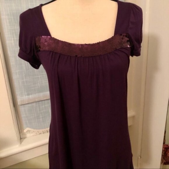 Soprano Top Purple Sequins Band Puff Sleeve Square Neck Tunic size Medium - Picture 8 of 15